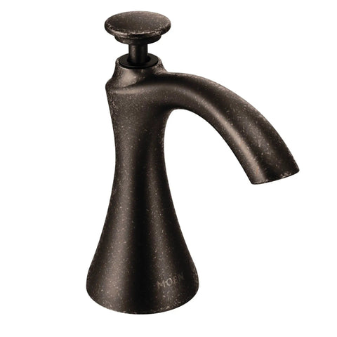 Oil Rubbed Bronze Dope Transitional Deck Mounted Kitchen Soap Dispenser With Above The Sink Refillable Bottle 18 Oz Easy Top Lift For Soap Or Lotion Durable Modern Style, angled view.