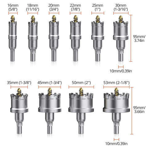 Heavy Duty Tungsten Carbide Hole Saw Drill Bit Set, 10 Pcs displayed with varying sizes from 16mm to 53mm on white background