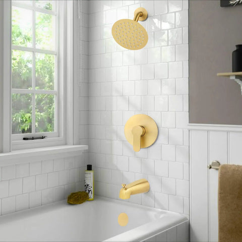 Bathroom with Shower Faucet With Valve And Trim Kit For A 6 Inch High Pressure Rain Shower Head, brushed nickel finish, installed.