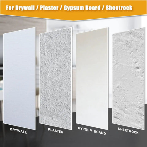 Visual showing materials for use with Drywall Repair Kit With 8.8oz Spackle Paste, Scrapers, 6 Sandpaper Sheets, Self Adhesive Wall Patches And Gloves For Quick Easy Hole Repair On Drywall Plaster And Home Renovation Like A Pro including drywall, plaster, gypsum board, and sheetrock.