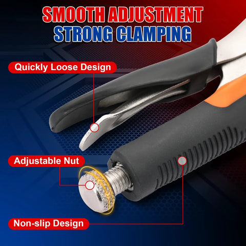 Close-up of 11 Inch Locking C Clamp Pliers With Quick Release, showing adjustable nut and non-slip grip for sturdy clamping.