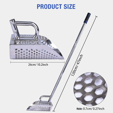 Sand Scoop For Metal Detecting Stainless Steel Beach Treasure Dig Tool With Adjustable Long Handle shown with measurements