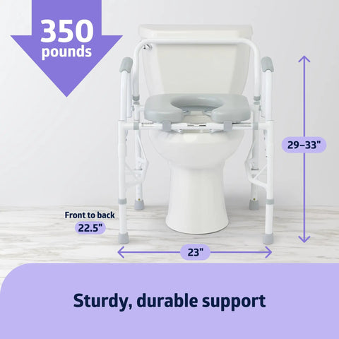 Rock Solid Senior Commode Chair With Knockout Comfort Foam Cushion And Super Smooth Lateral Transfer Drop Arms For Wheelchairs Removable Pail Splash Guard dimensions shown with 350 lb capacity.