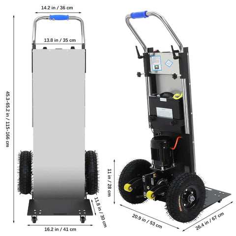 Ultra Heavy Duty Electric Stair Climbing Dolly With A Mighty 1200 Watt Motor For Hauling Furniture And Appliances Up To 900 Lbs Effortlessly shown from front and back angles with detailed dimensions.