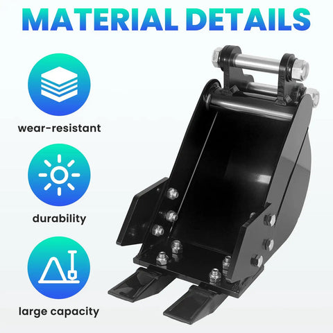 Narrow 7.87 Inch Excavator Bucket With Metal Teeth Manganese Steel Mini Backhoe Attachment showing material details and durability