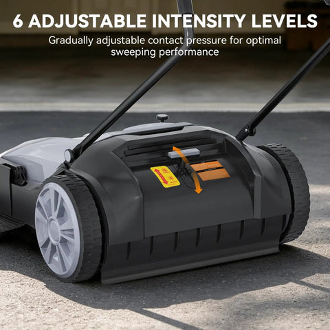 43 Inch Walk Behind Floor Sweeper With 15 Gallon Hopper Heavy Duty Industrial Cleaner For Warehouses showing adjustable intensity levels for optimal sweeping performance.