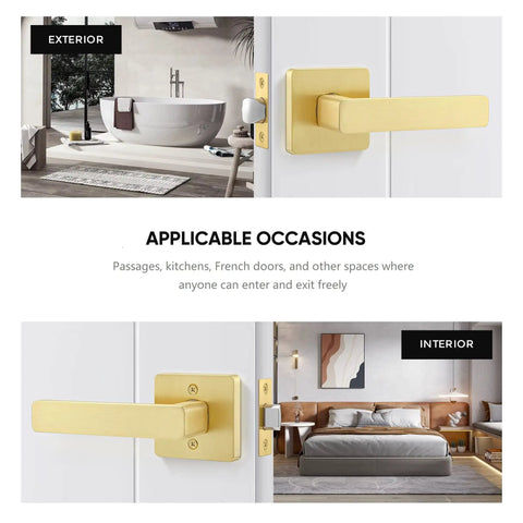 Gold Door Knob Set 5 Pack With Sleek Boss Look Corner Design Keyless Passage Handles on a white interior and exterior door