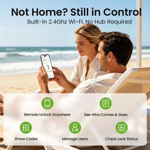 Couple enjoying beach while managing Slick Palm Vein Smart Door Lock With Built In Wifi And Keyless Entry For The Front Door via smartphone.