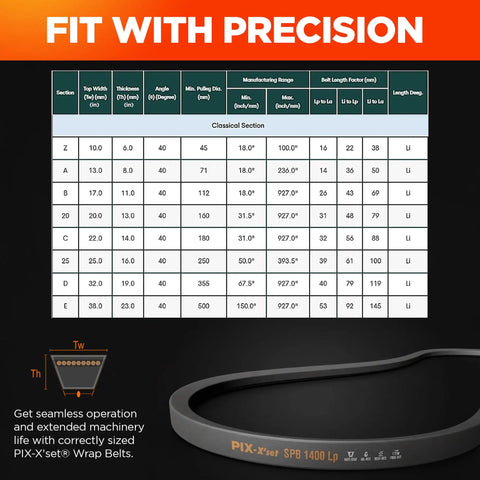 Heavy Duty V Belt With Wrapped Construction B240 Workhorse B/5L Section 21/32 X 243 Inch OC size chart with precision guidance