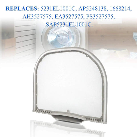 Premium Dryer Lint Filter Replacement 5231EL1001C shown in front of a washing machine, compatible with common dryer models.