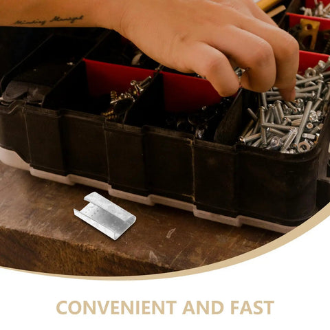 Hand reaching for screws beside Heavy-Duty Steel Strapping Clips With Iron Buckles 1Kg Pack For Packaging And Strap Fixing