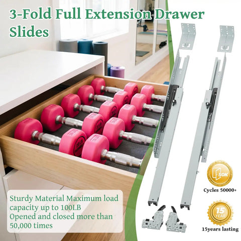 Smooth As Butter 18 Inch Undermount Drawer Slides Two Pack Soft Close Full Extension Cabinet Hardware Tough As Nails in a drawer with pink dumbbells.