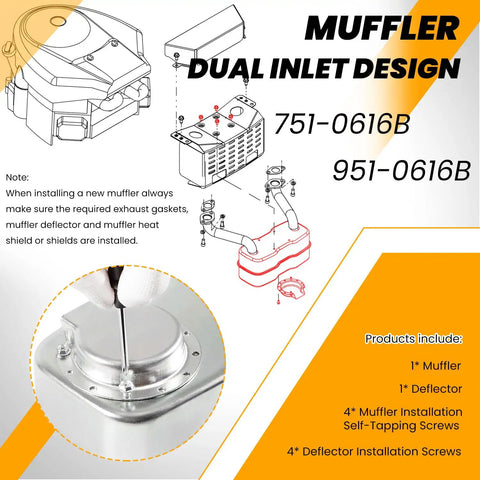 Diagram showing Dual Inlet Exhaust Muffler 951-0616B 751-0616B Replacement For Riding Mowers with parts list and assembly instructions.