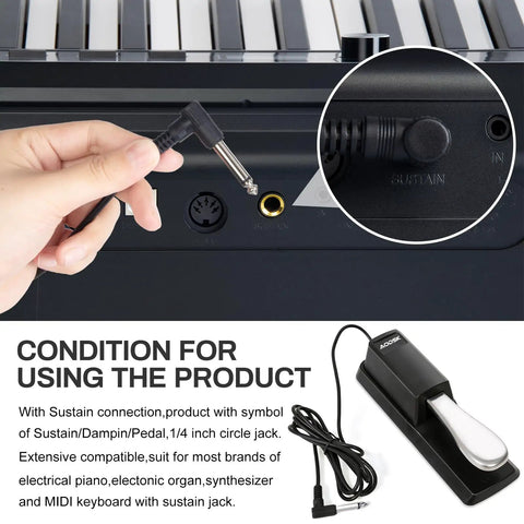 Universal Sustain Pedal For Digital Pianos, Electronic Keyboards, MIDI Keyboards, And Synthesizers With Polarity Switch And One Quarter Inch Input Plug showing connection instructions