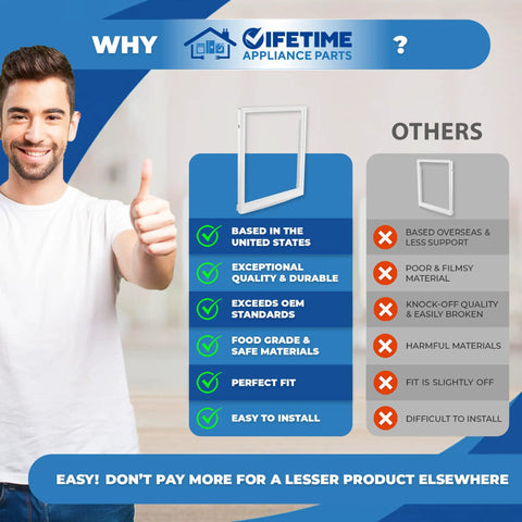 Comparison of Upper Crisper Pan Cover Replacement qualities with a man giving thumbs up for Lifetime Appliance Parts.