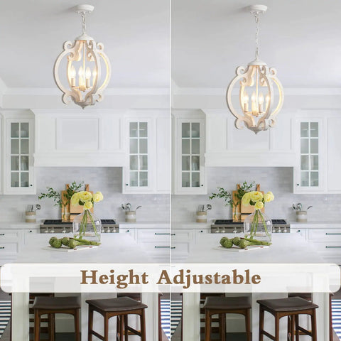 Farmhouse Rustic White Wood Orb Pendant Chandelier For Kitchen Island And Living Room Vintage Vibe 4 Light Fixture in kitchen