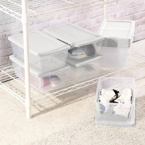 Slick Stackable Clear Plastic Storage Bins 6 Quart Capacity 12 Pack holding shoes on a wire shelf with easy grip lids.