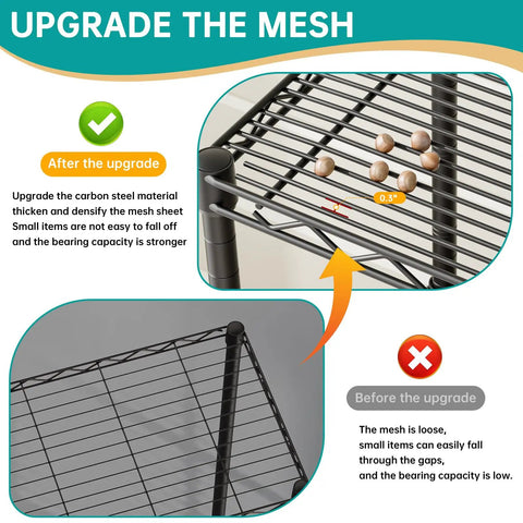Sturdy Heavy Duty Wire Shelving Units Adjustable Metal Storage Rack With Reinforced Grid And No Sweat Setup For Garage Organization And Home Pantry Display Solutions upgraded mesh detail, showing improved strength and smaller gaps.