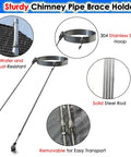 Adjustable Chimney Flue Support Bracket For Wood Stove Pipe 10 Inch Roof Brace Heavy Duty Stainless Steel Ventilation Holder Built Tough And Lock It Down Tight For Heavy Snow Loads Without Any Fuss with 304 stainless steel hoop and stable rods.