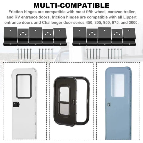 Heavy Duty RV Entry Door Friction Hinge Kit Two Pack Delivers Rock Solid Zero Sag Performance For Travel Trailers Motorhomes And Fifth Wheels With Plug And Play Setup with hinges and RV doors.