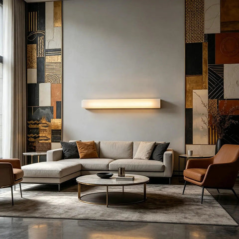 Modern Linear Alabaster Wall Sconce Featuring Polished Copper Base And Three Switchable Color Modes For Chill Bedroom And Living Room Super Sleek Bar Lamp Fixture above a cozy sectional couch.