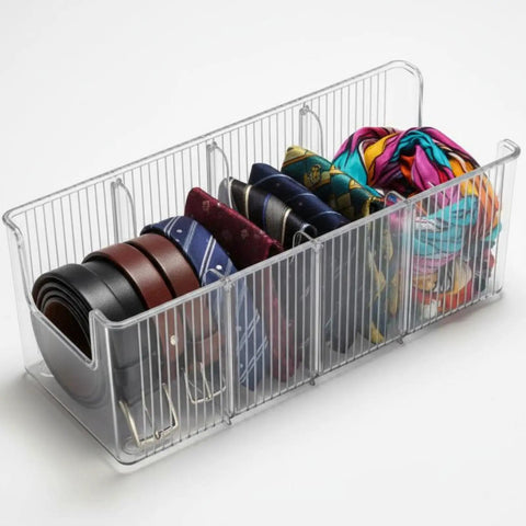 Top Shelf Crystal Clear Acrylic Belt Organizer With Removable Dividers Stackable Storage Bin For Ties Watches Jewelry with belts and ties.