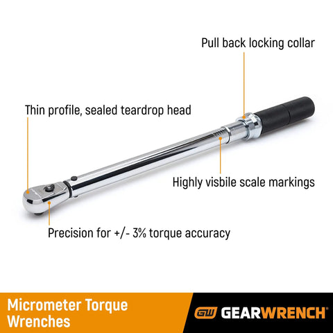 Beefy 3/8 Inch Drive Micrometer Torque Wrench With Teardrop Head, Adjustable 10 To 100 Ft-Lbs, Quick-Adjust Collar, High-Visibility Scale