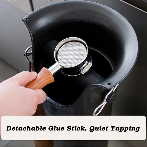 Grab This Killer Heavy Duty Espresso Knock Box Featuring A Detachable Floor Stand And Massive 8.6 Liter Grounds Container Plus Zero Hassle Liners And Snappy Cleaning Cloth For Easy Daily Maintenance with an espresso portafilter.