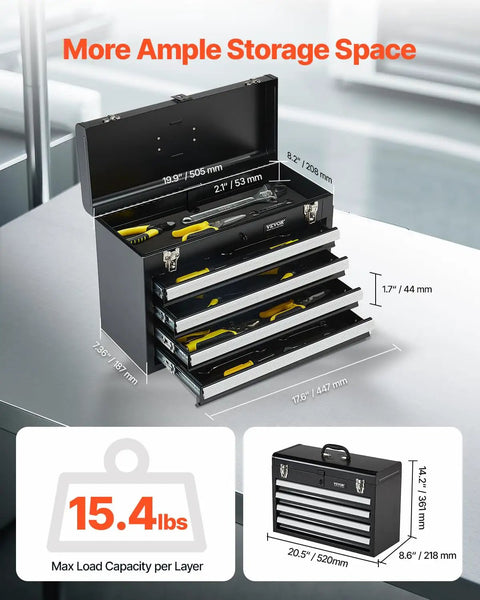 Rock Solid Portable Metal Tool Box With Four Deep Rollout Drawers And Smooth Ball Bearing Slides Secured By A Heavy Duty Lock for tools, dimensions shown.