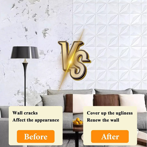 Top Shelf 3D Peel And Stick Ceiling Tiles 30 Pieces Soft PVC Foam Panels installed on wall, before and after comparison.