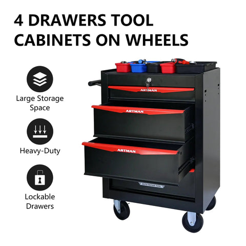 Heavy Duty Rolling Tool Chest With Locking Wheels And Ball Bearing Drawers, Mobile Garage Tool Cart, Metal Black Tool Box