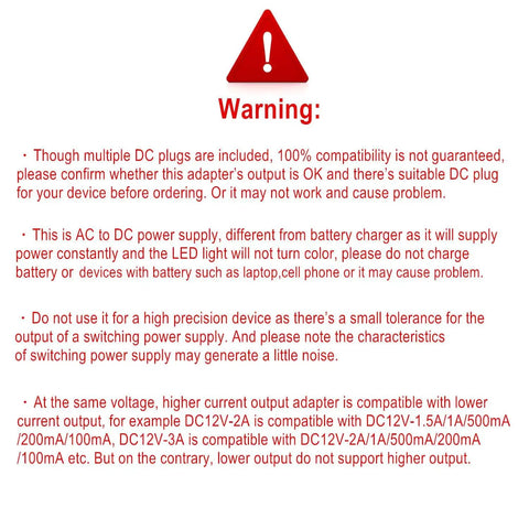 Warning label detailing compatibility and usage instructions for 5V 2A Wall Power Adapter With 11 Interchangeable DC Tips