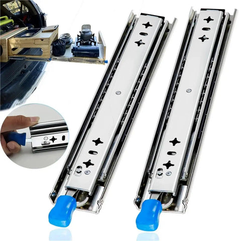Heavy Duty Locking Drawer Slides 10 To 60 Inch Extension, 250 Lb Load Capacity, Silent Smooth Operation, Tough As Nails Rust Resistant Steel With Ball Bearing Rails For Kitchen, Garage, And Workshop Cabinets, locking slides shown open