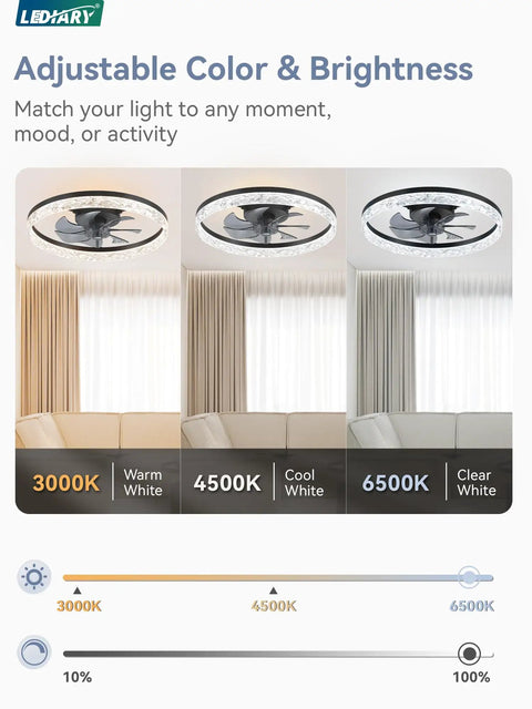 Slick 20 Inch Modern Ceiling Fan With Lights And Remote Dimmable Low Profile Flush Mount Stepless Color Temperature 3000K To 6500K Six Speeds Black Finish Reversible Motor with adjustable color temperature settings from 3000K to 6500K displayed over a sofa.