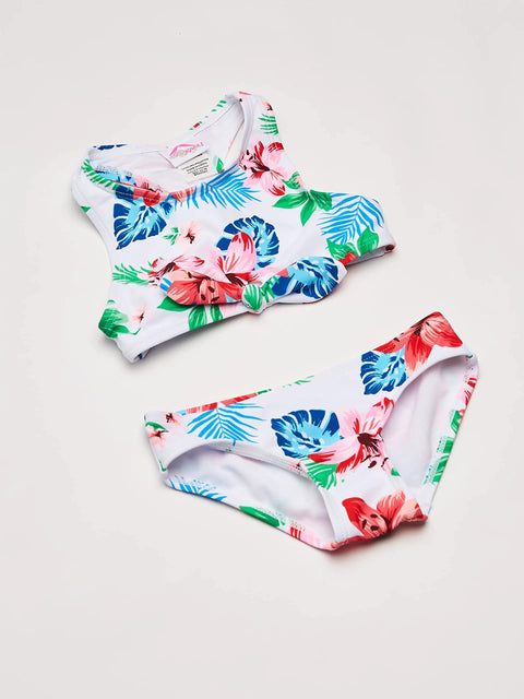 Girls UPF 50 Plus Racer Bikini Set Addie Two Piece Swimsuit in Peggy White floral print, nylon tricot lined, front view.