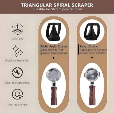Triangular spiral scraper set for 58 mm powder bowl, showcasing right angle and round scrapers for efficient cleaning.
