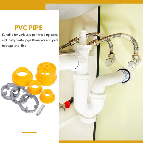 Lightweight Plastic Threader Kit For PVC Pipe Threading Compatible With Manual And Electric Drill, featuring yellow and gray die adapters.