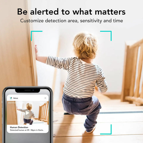 Child on stairs with phone screen showing 1080P HD Indoor Home Security Camera With 2.4GHz WiFi Smart AI Detection For People, Pets, and Nanny.