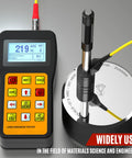 Non Destructive Metal Hardness Tester Digital Leeb Tester With Type D Impact Device shown in use with steel sample
