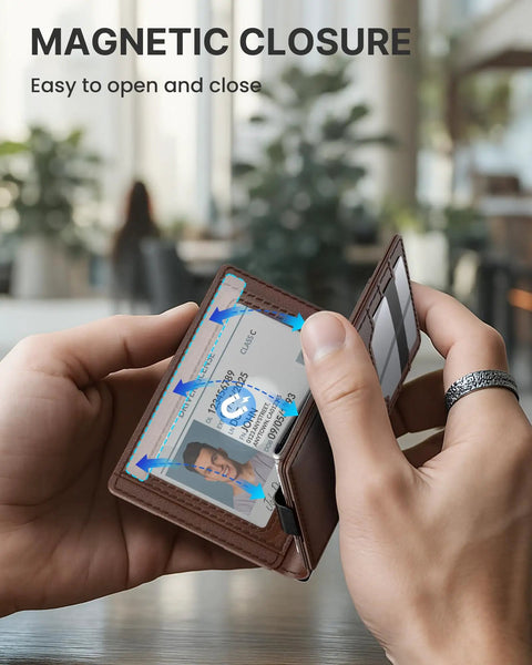 Leather Wallet For Men RFID Blocking Card Holder shown with ID window and magnetic closure.