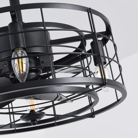 Enclosed Ceiling Fan With Lights Remote Control, black metal cage, bulbs visible, modern design, 20 inch