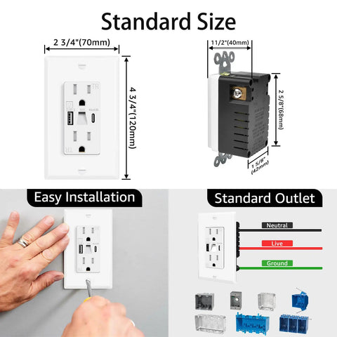 Straight Up Dependable USB C Wall Outlet With Soft Night Light, 20 Pack 24W Fast Charging Socket, Smooth 15A Receptacle For Dorm Life And Home Upgrade, White Faceplate Included, showing dimensions and installation.