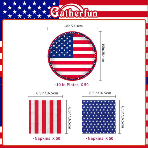 Patriotic American Flag Party Supplies Party Pack Includes 50 Dinner Plates 50 Stars Napkins And 50 Stripes Napkins Disposable Eco Friendly Tableware For Veterans Day Election Day Fourth Of July Independence Day Serves 50 Guests displayed with dimensions