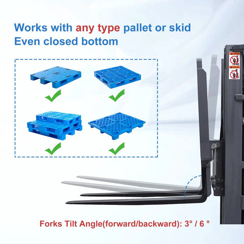 Heavy Hitter Electric Counterbalanced Stacker And Warehouse Material Lift Packing 3300 Lb Load, 177 Inch Max Height, wide forks lifting various blue pallets.