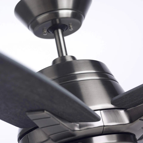 Close-up of 56 Inch Euclid Brushed Steel Ceiling Fan With LED Light Kit, Three 9.5W LED A19 Bulbs, Four Speed Slide Control, Downrod Included