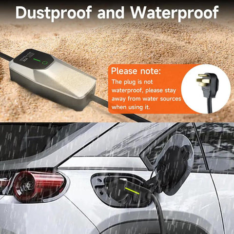 Portable 26ft EV Charger Cable With NEMA 14-50 And 5-15 Plugs, 7.68 kW 32A Adjustable Current Level One Half Electric Vehicle Charger For SAE J1772 Vehicles And Plug-In Hybrids Great For Home Or On The Go Charging, shown in use outdoors with dustproof and waterproof features.