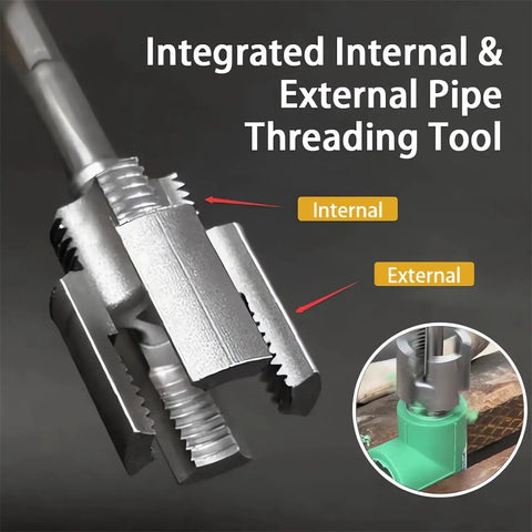 All In One Internal And External Pipe Threading Tool Kit For Half Inch And One Inch And Three Quarter Inch NPT PVC PPR Pipes Compatible With Electric Drill Quick Pro Grade Threading Without Tool Swaps For Plumbing Pros showing integrated threading on metal tool.