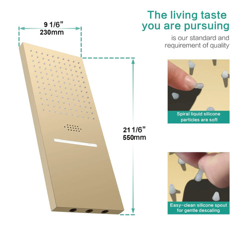 Dimensions of Heavy Duty 22 Inch Rectangular LED Shower System Wall Mounted With Bluetooth Audio, antique brass finish