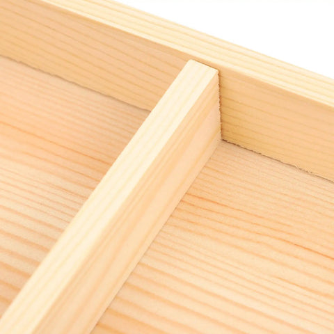 Detail of the interior of the Top Shelf Wooden Jewelry Tray With Four Spacious Slots For Rings And Chains.