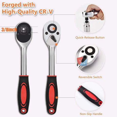 Universal Socket Wrench Set With Three Eighths Inch Ratchet And Drill Adapter showing quick-release button and reversible switch.